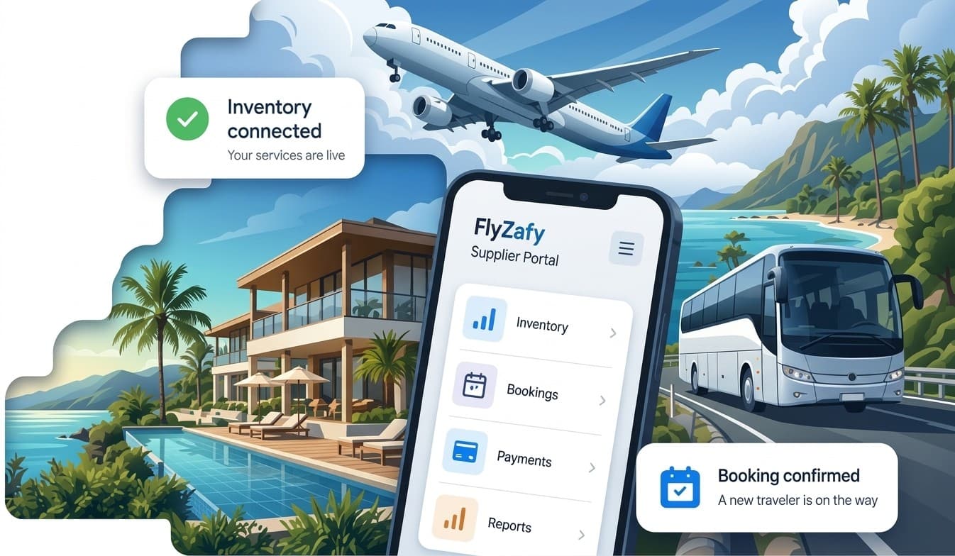 Flyzafy Supplier Portal on a phone, with a plane, a resort and a tour bus: inventory connected, booking confirmed